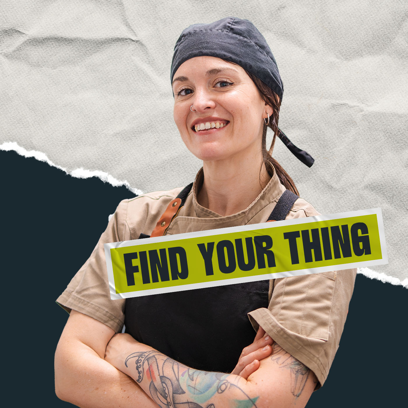 Young woman dressed in shop clothing, with a banner overlayed saying "Find your thing"